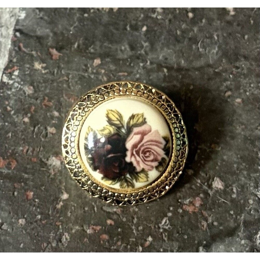 Vintage Enamel Rose Pendant Brooch Gold Tone Open Filigree Frame